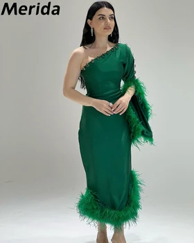 ירוק נוצות שמלות לנשף 2023 ריינסטון כתף אחת נדן הזיקוק שרוולים רשמית מפלגה שמלות ערב فساتين مناسبة رسمية