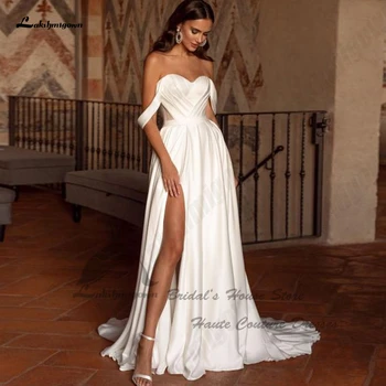 Lakshmigown צנוע לבן קרפ המחוך שמלות חתונה עבור נשים 2023 Abendkleider סקסי ביץ ' בוהו שמלות כלה צד פיצול