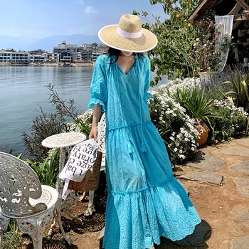 הקיץ החדשים באיכות גבוהה הטמפרמנט של הנשים שמלה ארוכה שרוך ציצית חלול תחרה כחול בוהמי פיות להתלבש