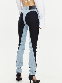 2023 טלאים Colorblock נשים ג ' ינס גבוהה המותניים סלים מקרית ישר דנים עיפרון מכנסיים נשית אופנה
