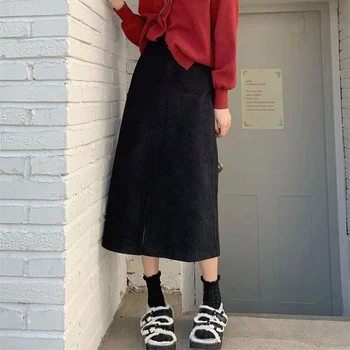 נשים גבוהה המותניים חצאיות קורדרוי קוריאנית פיצול סתיו חורף אלגנטי חמים קו אופנה חצאיות מוצק חופשי כל התאמה מידי חצאיות