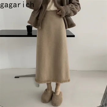 Gagarich קוריאנית מצויץ פיצול לסרוג חצאית נשים 2023 אביב סתיו חדש מקרית מוצק אמצע אורך היפ חצאית צמר בגדים