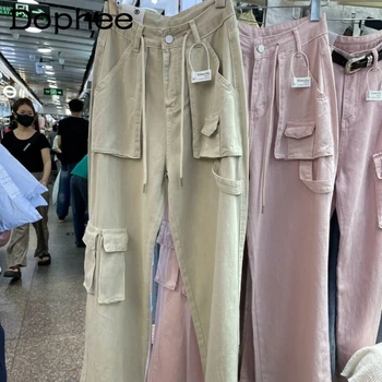 אמריקנית רחב רגל סרבל בגדי נשים גבוהה המותניים קיץ קטנים לא סדיר Multi-כיס ישר מזדמנים מכנסיים מכנסיים