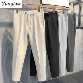 קרח משי מכנסיים גברים של הקיץ Slim Fit יבול חגורת המכנסיים זכר הונג קונג בסגנון תכליתי רגל ישרה מזדמנים מכנסיים