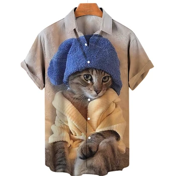 יוניסקס חתול חמוד חולצות חולצת הוואי גברים Woemn בגדי גברים סגנון קריקטורה 3D מודפסים, חולצות קיץ רופף קצר, חולצות שרוול