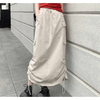 מזדמן כיסים פיצול כותנה קפלים שחורה חצאיות ארוכות לנשים גבוהה המותניים תחרה טלאים פוליאסטר מטען חצאית בסגנון קוריאני