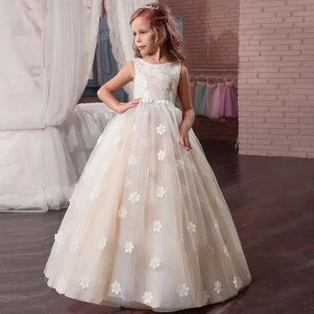 שמפניה פרח ילדה שמלות נפוחות פרחים תבנית עם רוכסן בלי שרוולים עבור חתונה, מסיבת יום הולדת אירועים נסיכה שמלות