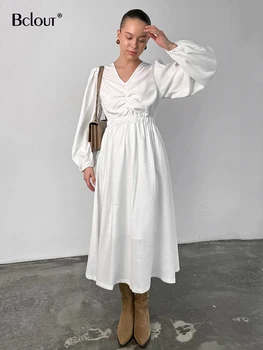 Bclout סתיו לבן שמלה ארוכה נשים 2023 אלגנטי V-צוואר פאף שרוול רופף משרד ליידי שמלות אופנה Ruched מסיבה קו-שמלה