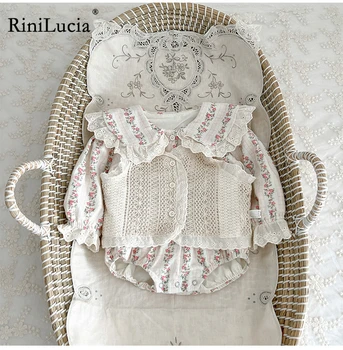 RiniLucia מתוק לתינוק הנולד בגדי ילדות להגדיר סתיו בנות תינוק ביגוד סט פרחוני חולצות תחרה האפוד 2pcs תלבושות תחפושות