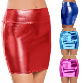 נשים הנוצץ של מתכת נוזלית סקסי מיני לעטוף היפ חצאית בצבעים מתכתיים