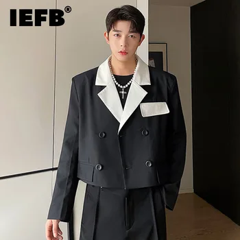 IEFB אופנה מעיל ז ' קט קצר ניגודיות צבע כפול עם חזה גברים 2023 סתיו קוריאנית אישית אונג שרוול 9A1635