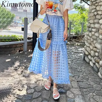Kimutomo אלגנטי חופשי חצאית קפלים החדרת רשת חצאית אישה עדינה אלסטי גבוה מותן קפלים פשוט תכליתי קו-חצאיות
