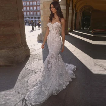 COZOK מעולה רקמה, תחרה, אפליקציות 3D פרחים בתולת ים שמלות כלה מתוקה ללא שרוולים שמלת החתונה 2023