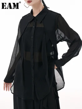 [ידה] נשים שחור פרספקטיבה גדול גודל החולצה החדשה דש שרוול ארוך רופף להתאים חולצה אופנה גאות אביב סתיו 2023 1DH0508