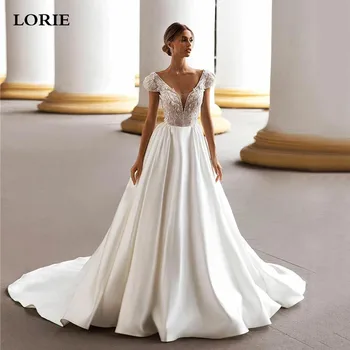 LORIE כובע שרוול תחרה שמלות חתונה קו נסיכת סאטן כלה שמלת התחרה Appliqued שמלות כלה 2023
