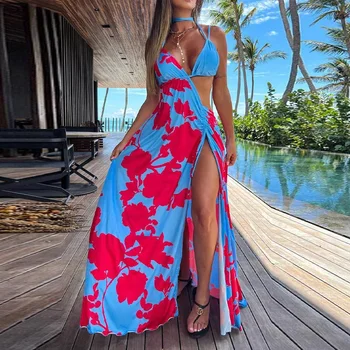 קיץ נשים בוהמי שמלת סקסי הולו חזייה התחבושת הקולר חג אופנה שמלה הדפסה שרוך פיצול חוף שמלות ארוכות Mujer