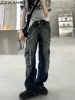 האמריקאי רטרו שטף מוצק צבע במצוקה נשים ג ' ינס גבוה סטריט שיק מעוצב Hiphop חופשי ישר רחב הרגל אופנת רחוב