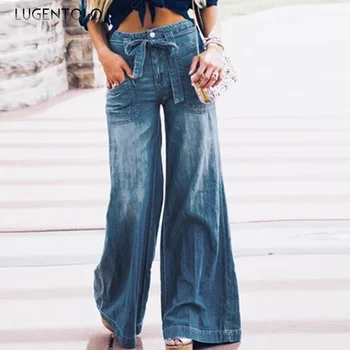 Lugentolo ג ' ינס אישה שרוכים שטף מכנסיים רחבות כותנה רופף מזדמן אופנה סגנון רחוב