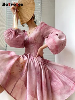 Botvotee הדפסה שמלה לנשים 2023 חדש אופנה וינטג ' קו מותן גבוה צוואר V שמלת מיני אלגנטית אופנתי פנס שרוול קו השמלה