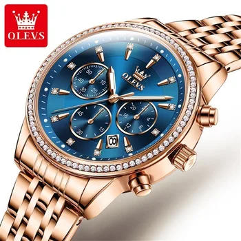 OLEVS 5582 עמיד למים אופנה שעונים לנשים קוורץ נירוסטה רצועה נשים שעון הכרונוגרף לוח שנה