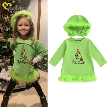 אמא&התינוק 6m-3Y חג מולד ילדה שמלה ירוקה פעוט פעוטות עץ חג המולד הדפסה שרוולים ארוכים שמלות ערב חג המולד תלבושות D05