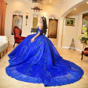 Doymeny נצנצים כחולים את כתף שמלת נשף הטקס שמלות 16 אפליקציה תחרה חרוזים שמלות לנשף Vestidos דה-15 שנים