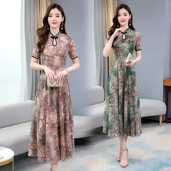 חדש 1pcs אופנה נשים פרחוני הדפסה שמלת וינטג ' שרוול קצר הלבוש נשים Cheongsam שמלת מסיבת שמלות נשים