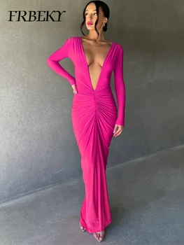 שמלות ערב סתיו אופנה חדשה סקסי V צוואר דק קפלים צבע אחיד ארוך שרוולים שמלות אלגנטיות שמלות ערב לנשים