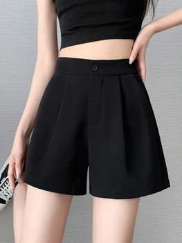 FTLZZ חדש קיץ נשים אופנה אלסטי גבוה מותן רחבה הרגל קצרים גברת מקרית מוצק צבע כפתור שחור ישר מכנסיים קצרים