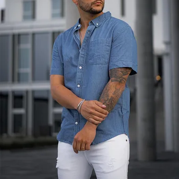 2023 Mens חולצות צבע מוצק דמוי ג ' ינס קצר חולצת טריקו שרוול מזדמן רופף גודל גדול זכר לכל היותר יוקרתי-דה-גבר