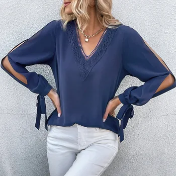 נשים חולצת שרוול ארוך 2023 סתיו חדש מוצק V-צוואר סקסי חלול החוצה חולצה אלגנטית משרד ליידי למעלה S-XL