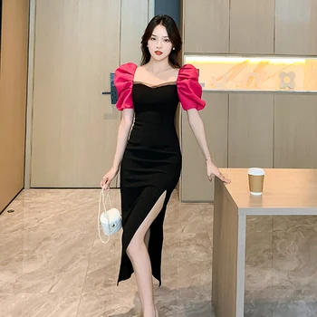 Yanling 2023 בסגנון צרפתי הפבורן ניגודיות צבע פאף שרוול פיצול נדן שמלת שמלת ערב אלגנטית