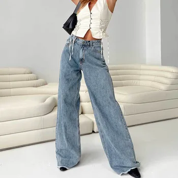 רחב הרגל מכנסיים גברת מזדמן רופף ג 'ינס, מכנסיים ארוכים בציר רחוב סגנון אופנה אמצע המותן ג' ינס נשים פנאי כיסים ישר