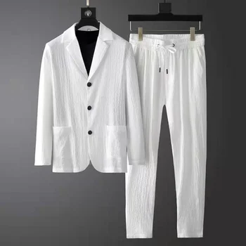 אביב קיץ גברים מזדמנים החליפה קוריאנית סלים שני חלקים סט מכנסיים פס קפלים ' קט שרוך המכנסיים בלייזר לגברים חליפה לנשף.