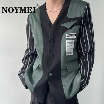 NOYMEI 2023 גברים בלייזרס טלאים V-צוואר ניגודיות צבע שרוול ארוך מזדמן אופנה קוריאנית סגנון מגמה שיק כיסי המעיל WA335