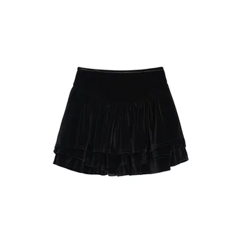 האקדמיה סגנון של נשים קטיפה שחורה קצרה, חצאית אביב סתיו שיק חדש בלט צעירה וסקסית בחורה גבוהה המותניים קו חצאית מיני
