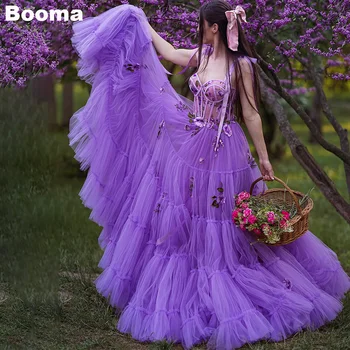Booma סגול רקמה Fairy שמלות לנשף מתוקה פרחוני Ruched בד טול שמלות ערב מחוך זמן הנשף שמלות ערב