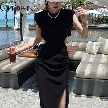 GetSpring נשים שמלת 2023 הקיץ ללא שרוולים כתף מרופדות חלול החוצה פיצול בציר שמלה שחורה אלגנטית Slim סקסי שמלות ארוכות