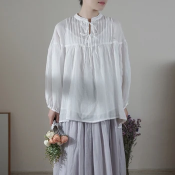 Johnature פשתן שרוכים יפנית החולצה נשים קיץ 2023 חדשה משוחררת גרסה שרוול קצר עם קפלים דק צבע מוצק Casuall חולצות