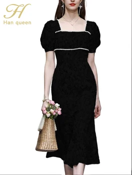 H האן המלכה 2023 חדש קיץ שחור וינטג Vestido פשוט שיק Bodycon המשרד הלבוש נשים אלגנטי נדן שמלות בתולות ים