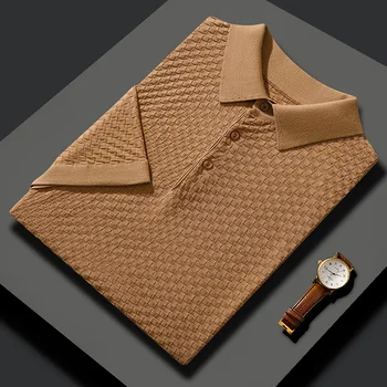 2023 הקיץ החדש התות משי שרוול קצר לגברים סוודר עסקי מזדמן קשמיר עם צווארון סרוג חצי שרוול חולצת טריקו דק בסגנון