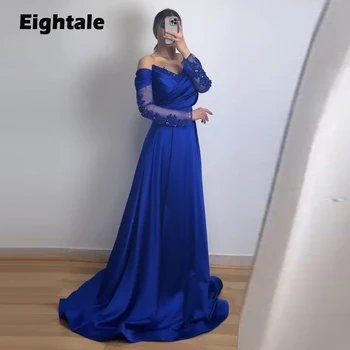 Eightale כחול מלכותי שמלות ערב סאטן V-צוואר קפלים מחוץ כתף קו מפורסמים שרוולים ארוכים ערבית נשף שמלות המפלגה