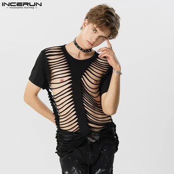 INCERUN מקסימום 2023 בסגנון אמריקאי סקסי של גברים חלולים סימטרי עיצוב חולצות למסיבת מראה גברי מוצק שרוול קצר Camiseta S-5XL