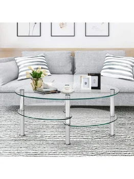 ALPULON זכוכית מחוסמת קפה שולחן אליפסה 3-Tier פלדה תה שולחן הביתה הסלון המשרד