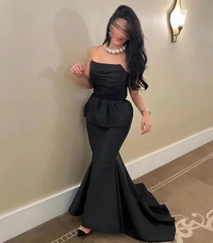 2023 שחור ערב בתולת ים שמלות נשים ללבוש מיוחד לחגוג עם Peplum Ruched סטרפלס לנשף ארוכה השושבינה שמלות