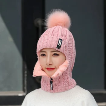 אופנה נשים צמר סרוג כובע כובע סקי מגדיר עבור הנשי Windproof החורף חיצונית סורג עבה סיאמיים צעיף צווארון חמים כובע פונפונים