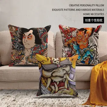 יפנית רוח מסכת כריות מקרה יפני אמנות הציור ציפיות על הכריות בחדר אסתטיקה 45x45cm כרית כיסוי עבור מיטת ספה