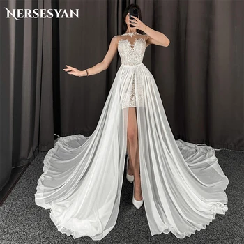 Nersesyan סקסי תחרה שמלות כלה ללא שרוולים אפליקציות קצר רירית שמלות כלה עם שיפון רכבת בציר שמלת הכלה 2024