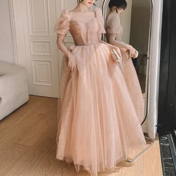 הצווארון המרובע פאף שרוול אלגנטי נסיכת מסיבת חתונה שמלות סלים המותניים ואגלי הנשף Vestidos שמלת נשף ארוכה שמלות ערב
