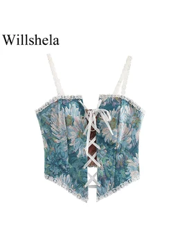 Willshela נשים אופנה מודפס תחרה ללא משענת קצוץ מקסימום בציר דק רצועות הצווארון המרובע נשי אופנתי תלבושות ליידי